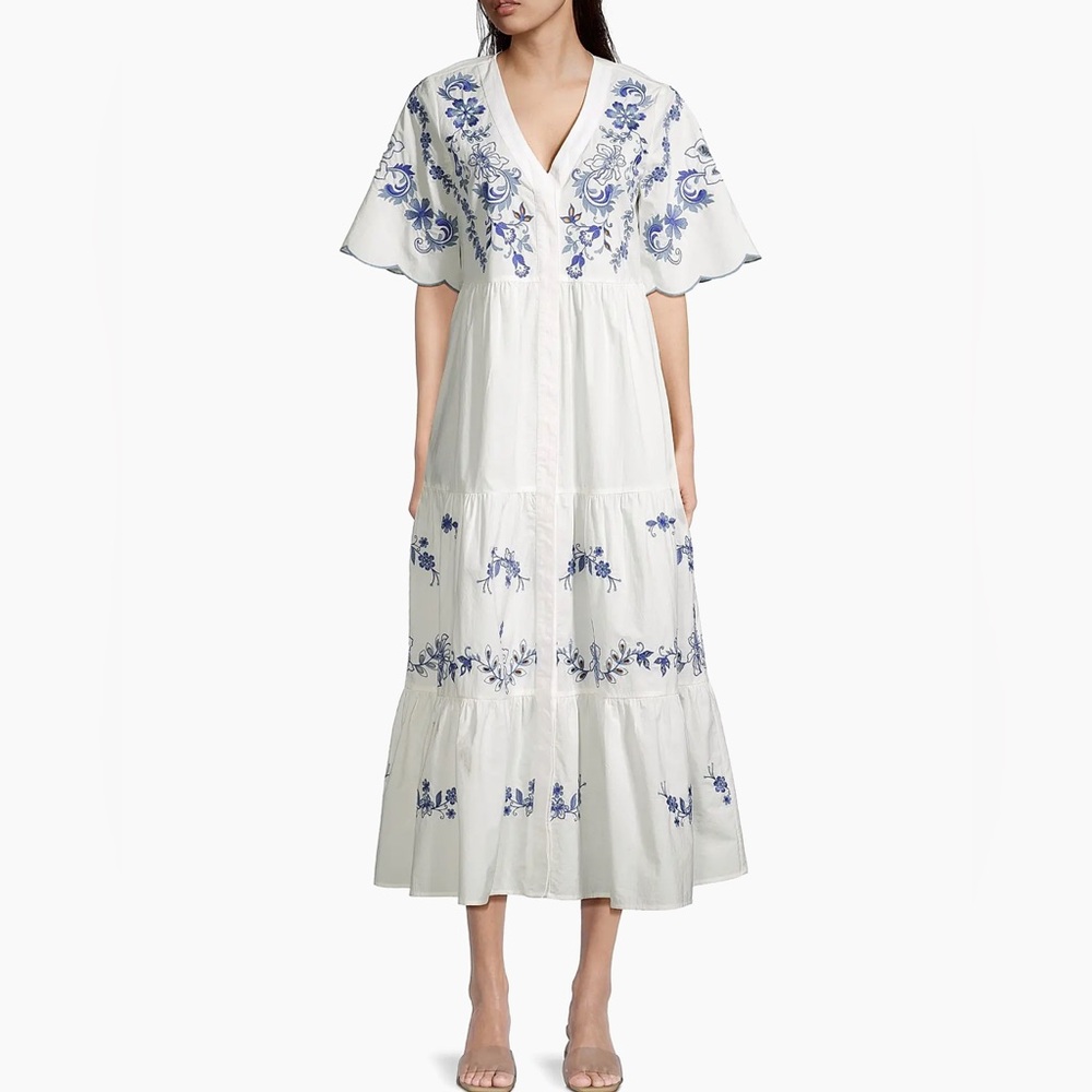 Johnny Was White and Blue Embroidered Floral Maxi Dress